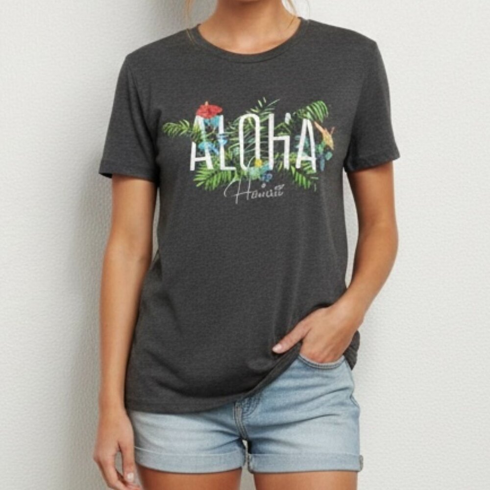 Island Girl Hawaii Aloha Floral Graphic Tee Charcoal Gray XL
